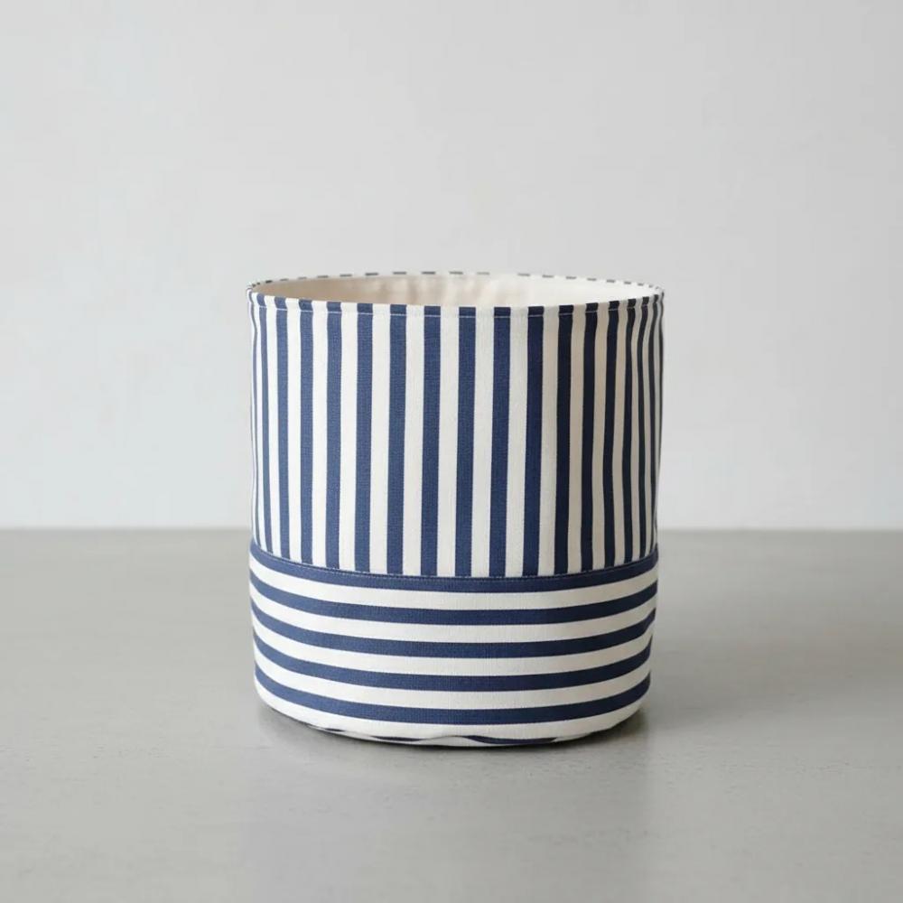 Eco Cesto de Tecido Listrado Azul Branco e Cru