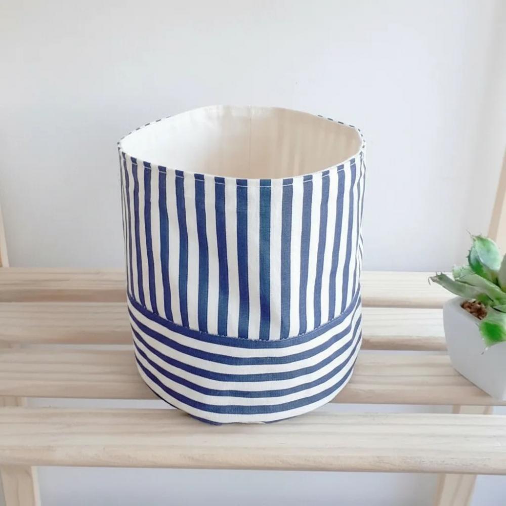 Eco Cesto de Tecido Listrado Azul Branco e Cru