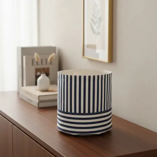 Eco Cesto de Tecido Listrado Azul Branco e Cru