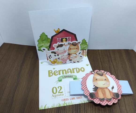 Convite 3D Fazendinha Menino