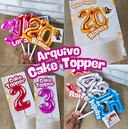 Arquivo de Corte Kit Digital Topo de Bolo Números Balões Studio/PNG