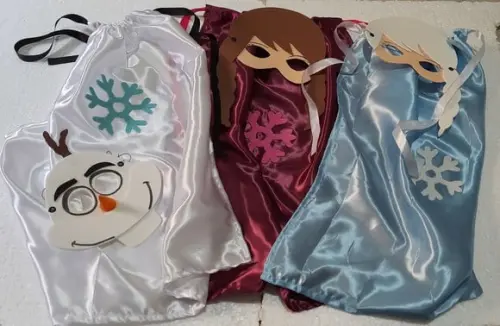 Capas de Cetim e Máscaras Frozen Elsa, Anna e Olaf