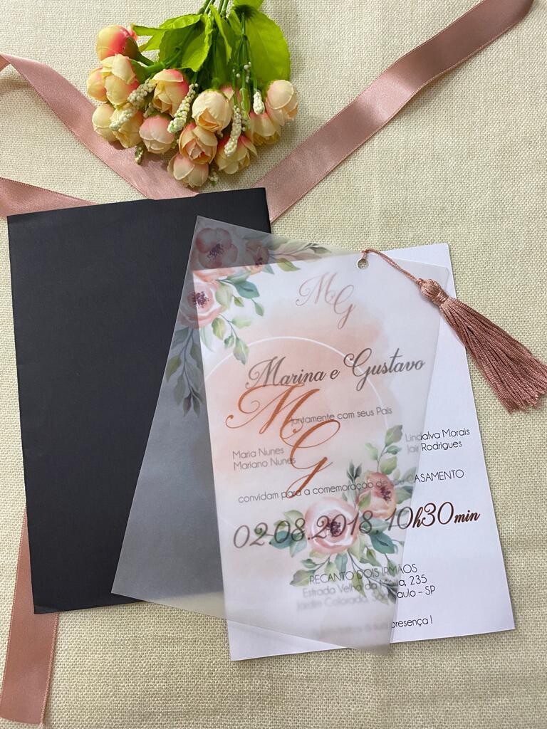Convite de Casamento com Capa Vegetal e Tassel Acetinado