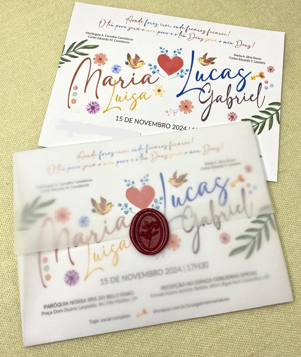 Convite de Casamento com Envelope Vegetal e Lacre de Cera