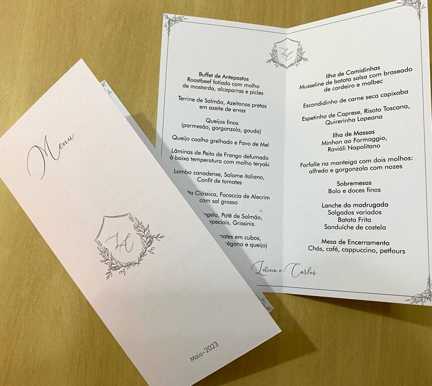 Menu de Casamento com Dobra Central Personalizado
