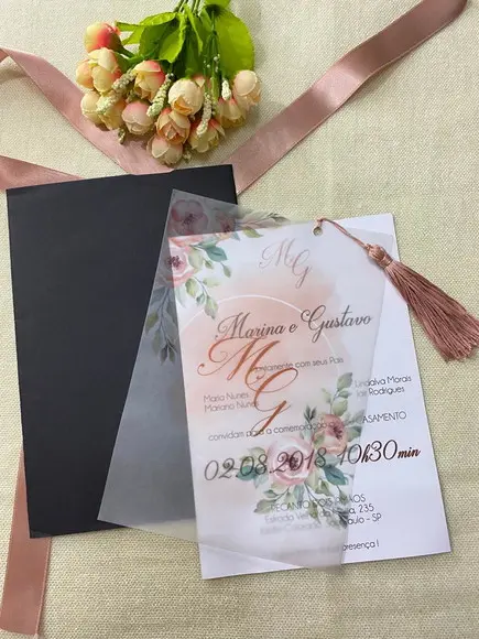 Convite de Casamento com Capa Vegetal e Tassel Acetinado