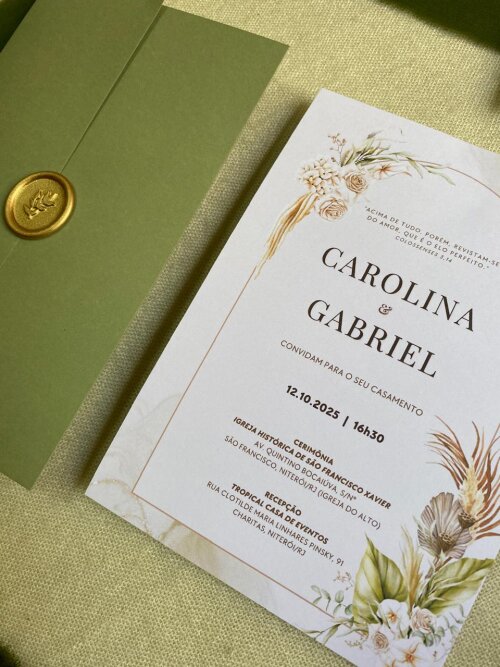 Convite de Casamento Floral com Lacre de Cera