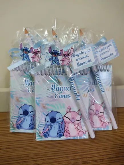 Lembrancinha bloquinho stich e angel