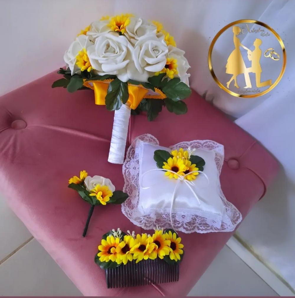 Kit 04 acessórios buquê para noivas de rosas e girassóis