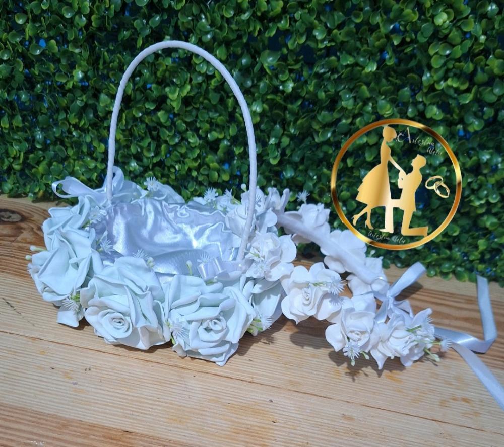 Cesta de florista  de casamento branca+ coroa de dama (kit)