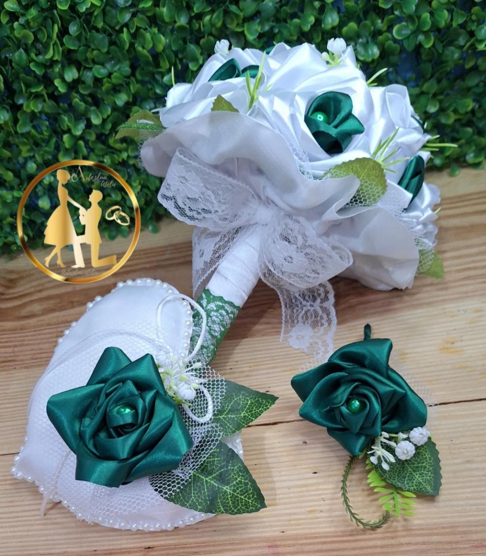Buquê de cetim verde e branco kit casamento minimalista