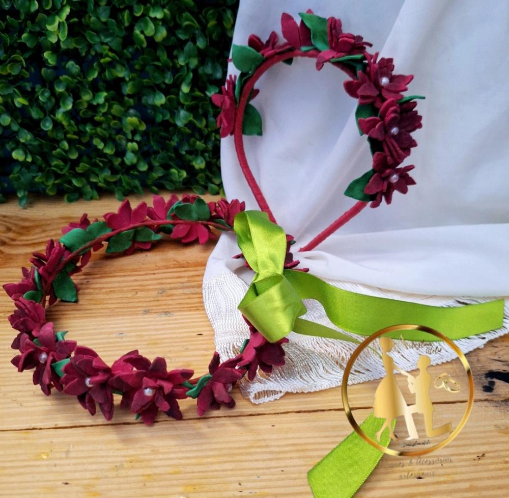 Coroa de flores tiara vermelho marsala (kit)