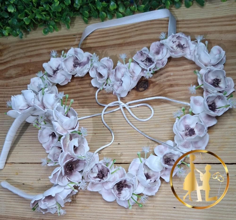 Porta Aliança coração de flores branco e marsala + tiara