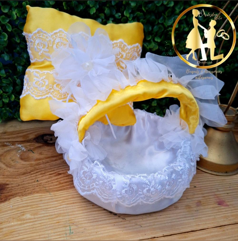 Cesta de florista de casamento + almofadinha amrelo e branco