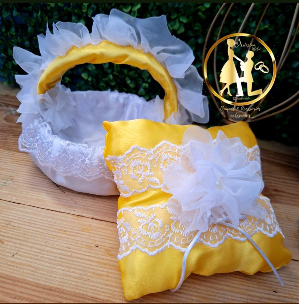 Cesta de florista de casamento + almofadinha amrelo e branco