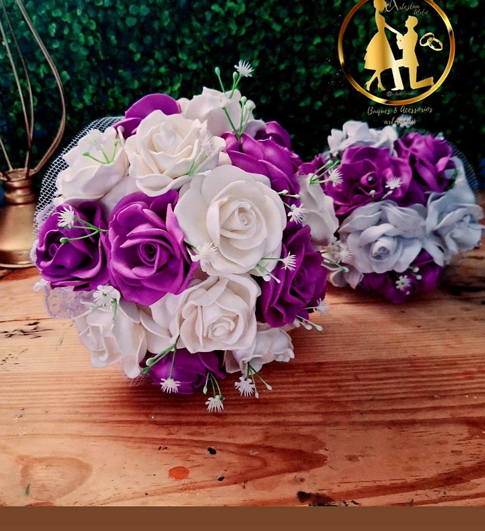 02 Buquês de noiva rosa lilás e branco grande e pequeno