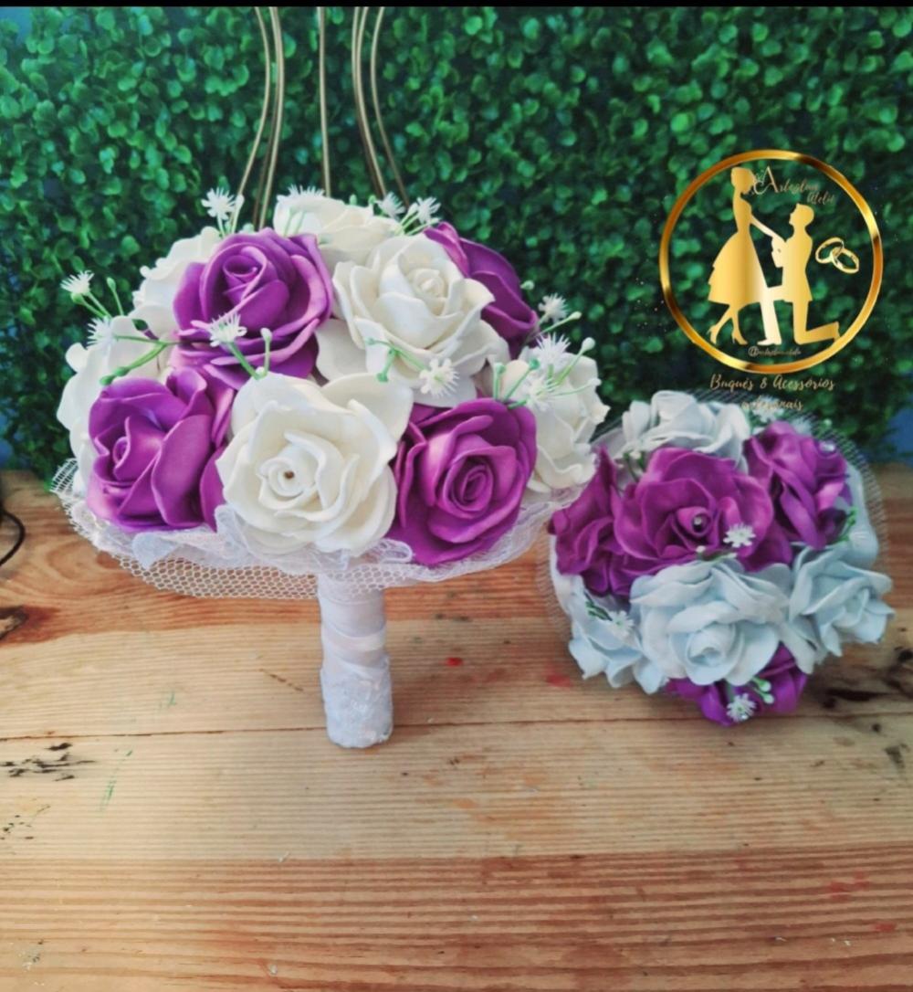 02 Buquês de noiva rosa lilás e branco grande e pequeno