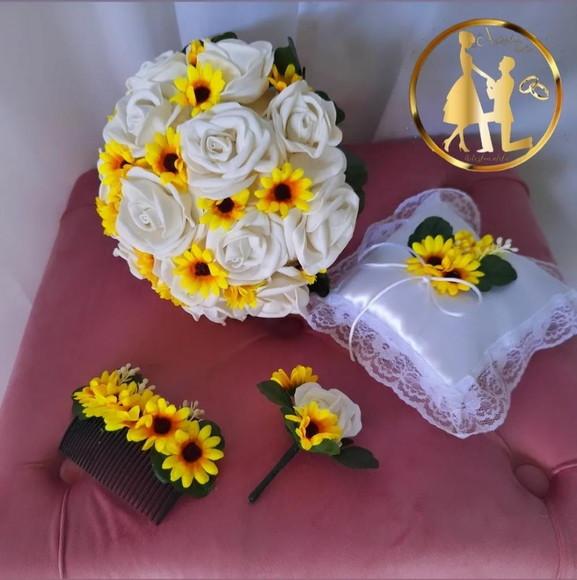 Buquê de Noiva Rosas Brancas e Girassóis ? Kit com Arranjo
