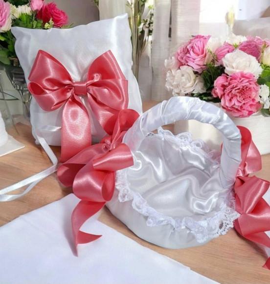 Kit Cesta + Almofadinha Laços Duplo Rosa Chá Casamento Bodas