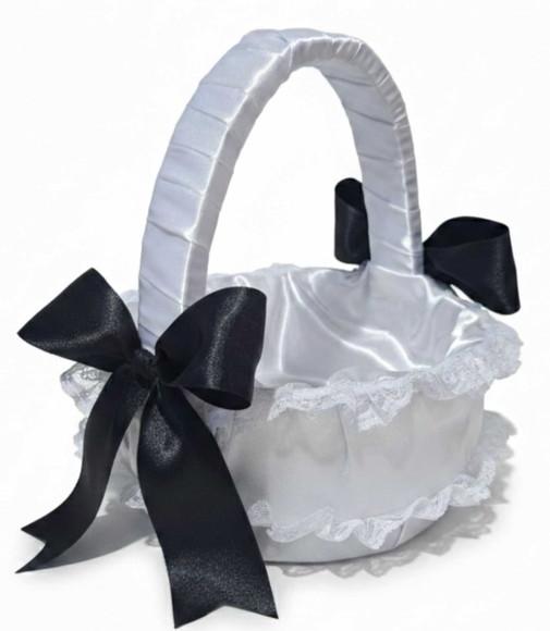 Cesta de Florista Branca com Laços Preto em Cetim