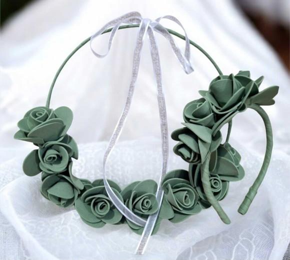 Porta Alianças de Flores Verde Oliva + Tiara