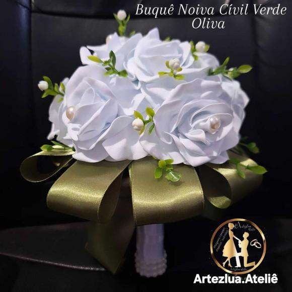 Buquê Noiva Cívil Branco e Verde Oliva- Artesanal- Eva
