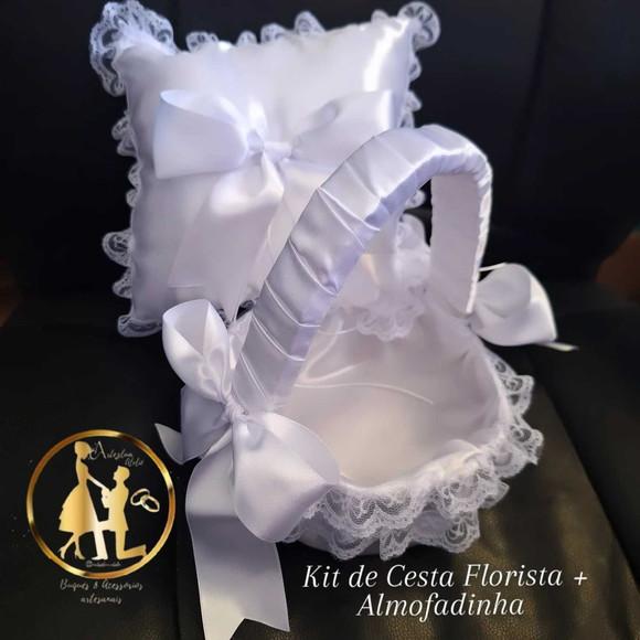 Kit de Cesta de Florista + Almofadinha Porta Alianças Branco