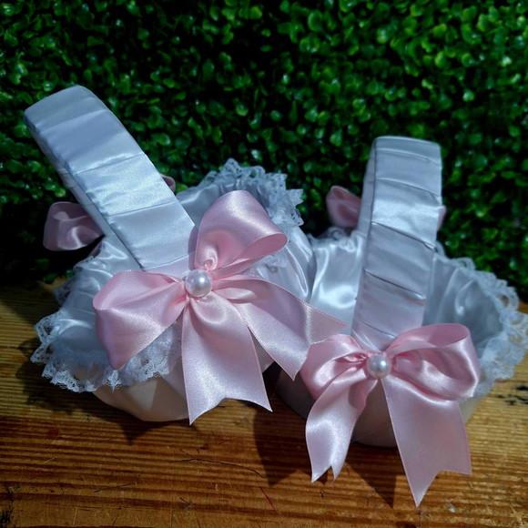 Kit 02 Cestas de Floristas em Cetim Rosa Bebê e Branca