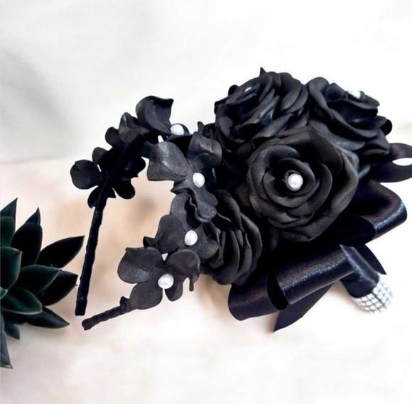 Kit Buquê Preto Cívil e Tiara Preta Artesanal e Pérolas