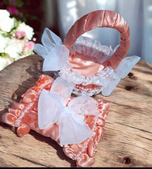 Kit Almofada para Alianças + Cesta de Florista Salmão