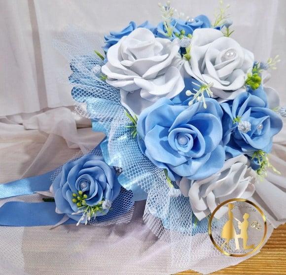 Buquê de Noiva Azul Serenity e Branco -artesanal + Lapela