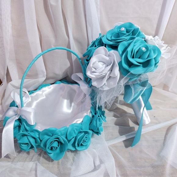 Cesta de Florista + Buquê Cívil Azul Turquesa e Branco