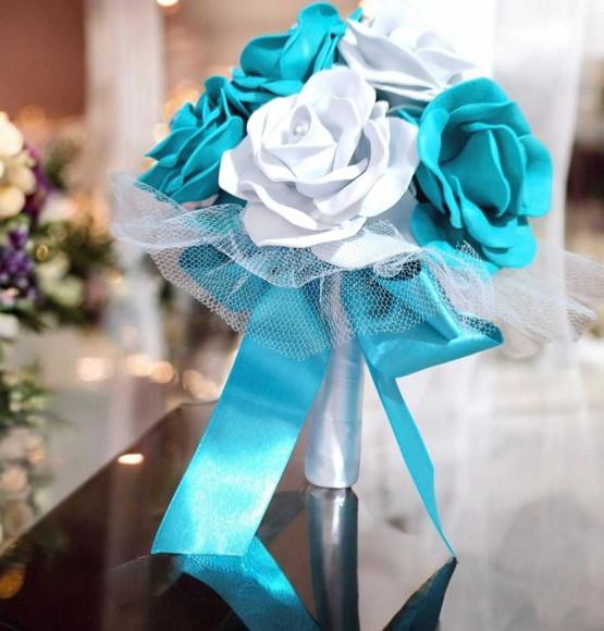 Buquê Noiva Azul Turquesa e Branco Cívil -artesanal