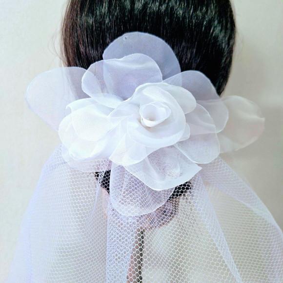 Arranjo de Cabelo para Noiva Branco com Véu Curto -tecido