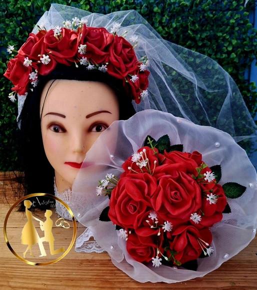 Buquê e Tiara com Véu Festa Fantasia Chá de Lingerie Kit