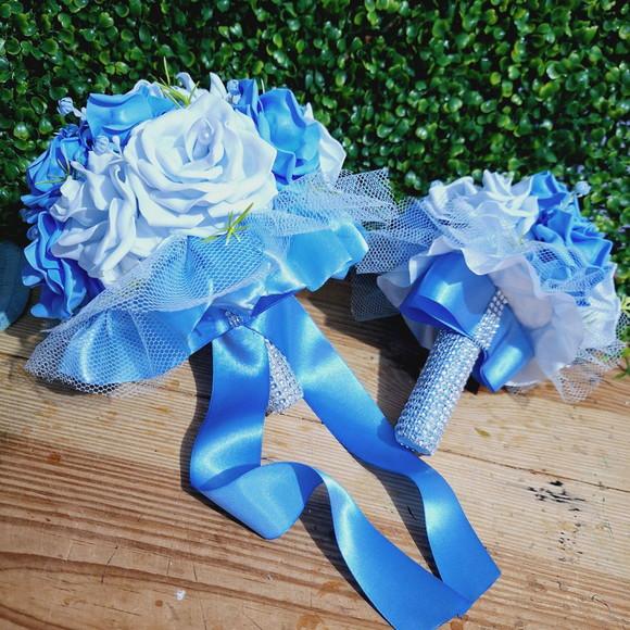 Buquê Azul Serenity e Branco Cívil e Religioso Kit + Lapela