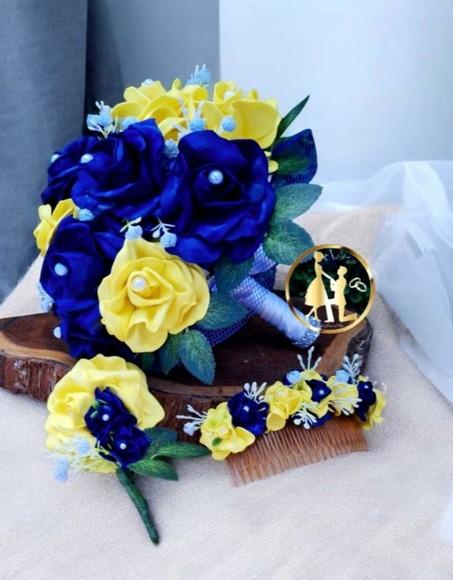 Buquê Noiva Azul Royal e Amarelo