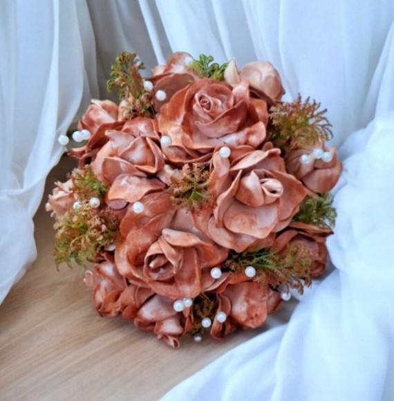 Buquê de Noiva Terracota + Tiara Coroa + Lapela - Artesanal