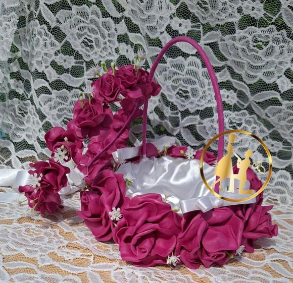 Cesta de Florista de Casamento + Coroa Fúcsia Pink e Branco