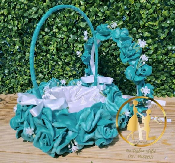 Cesta Florista de Casamento Azul Esmeralda + Coroa Kit