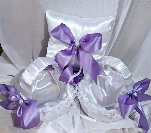 02 Cestas Floristas + Almofada de Casamento Lilas e Branco