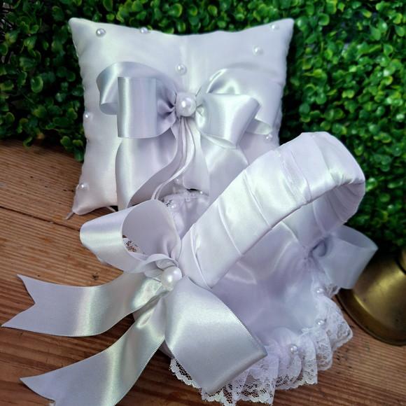 Porta Aliança de Casamento Prata e Branco (kit)