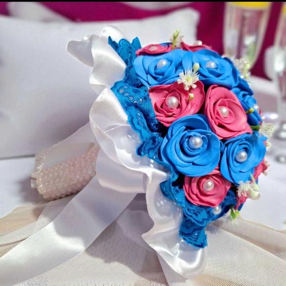 Buquê Noiva Azul Rosa - Artesanal