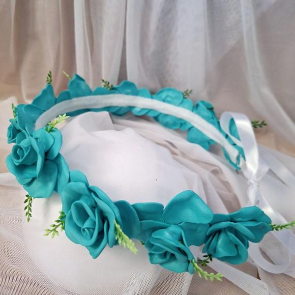 Coroa para Cabelos Azul Turquesa com Folhas - Artesanal