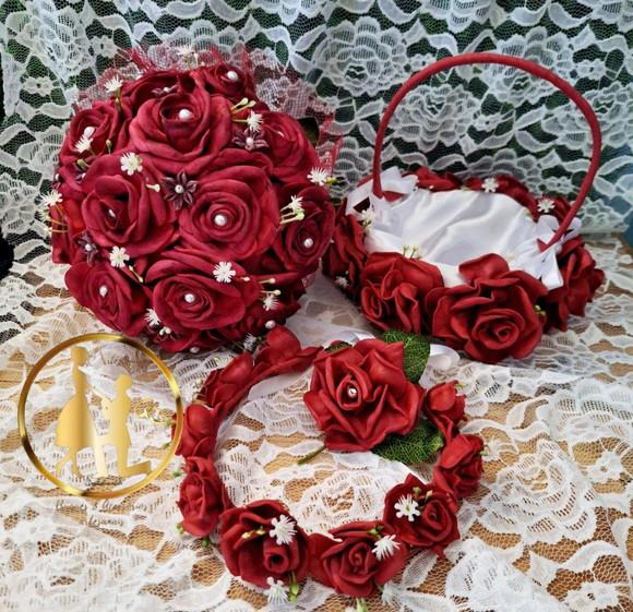 Kit Buquê de Noiva Vermelho Marsala