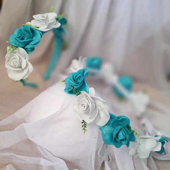 Kit Tiara + Coroa para Cabelos Azul Turquesa e Branco