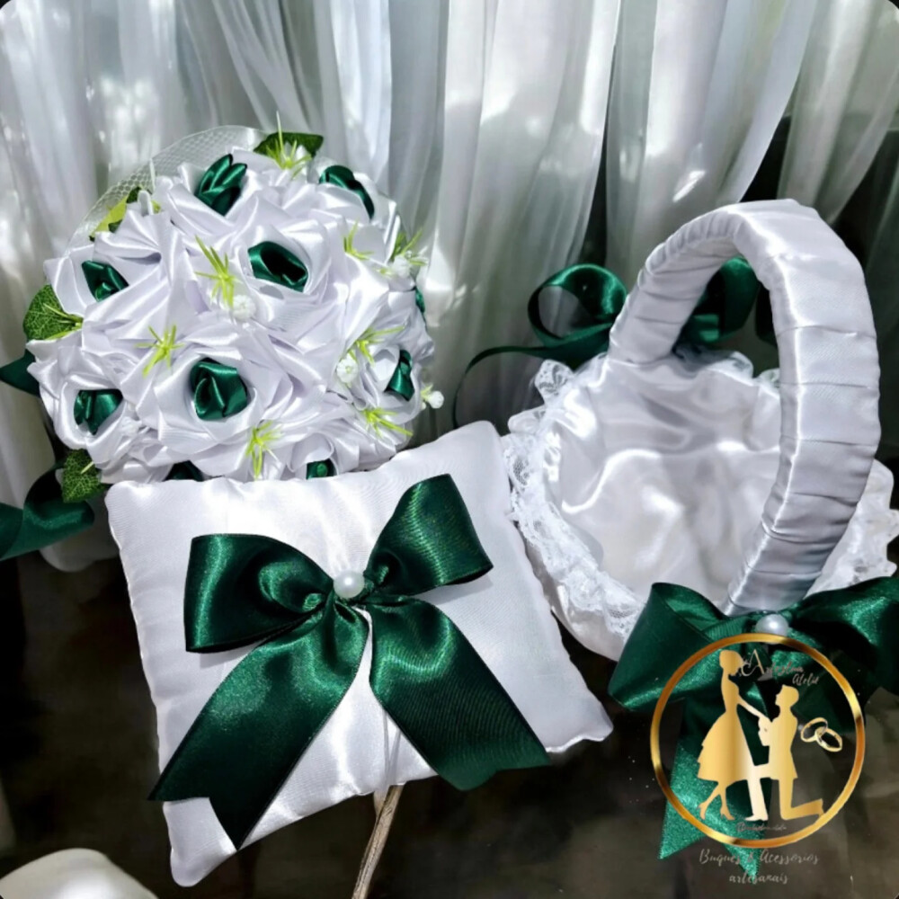 Buquê de cetim verde e branco kit casamento minimalista