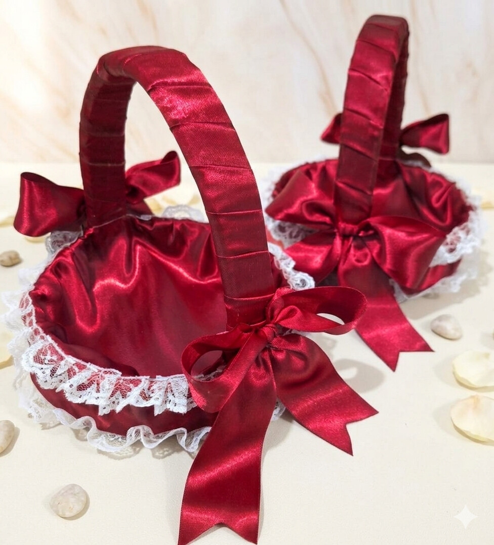 Kit com 2 Cestas para Daminhas de Casamento em Cetim Vermelho Viv