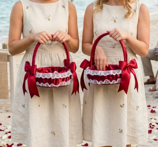 Kit com 2 Cestas para Daminhas de Casamento em Cetim Vermelho Viv