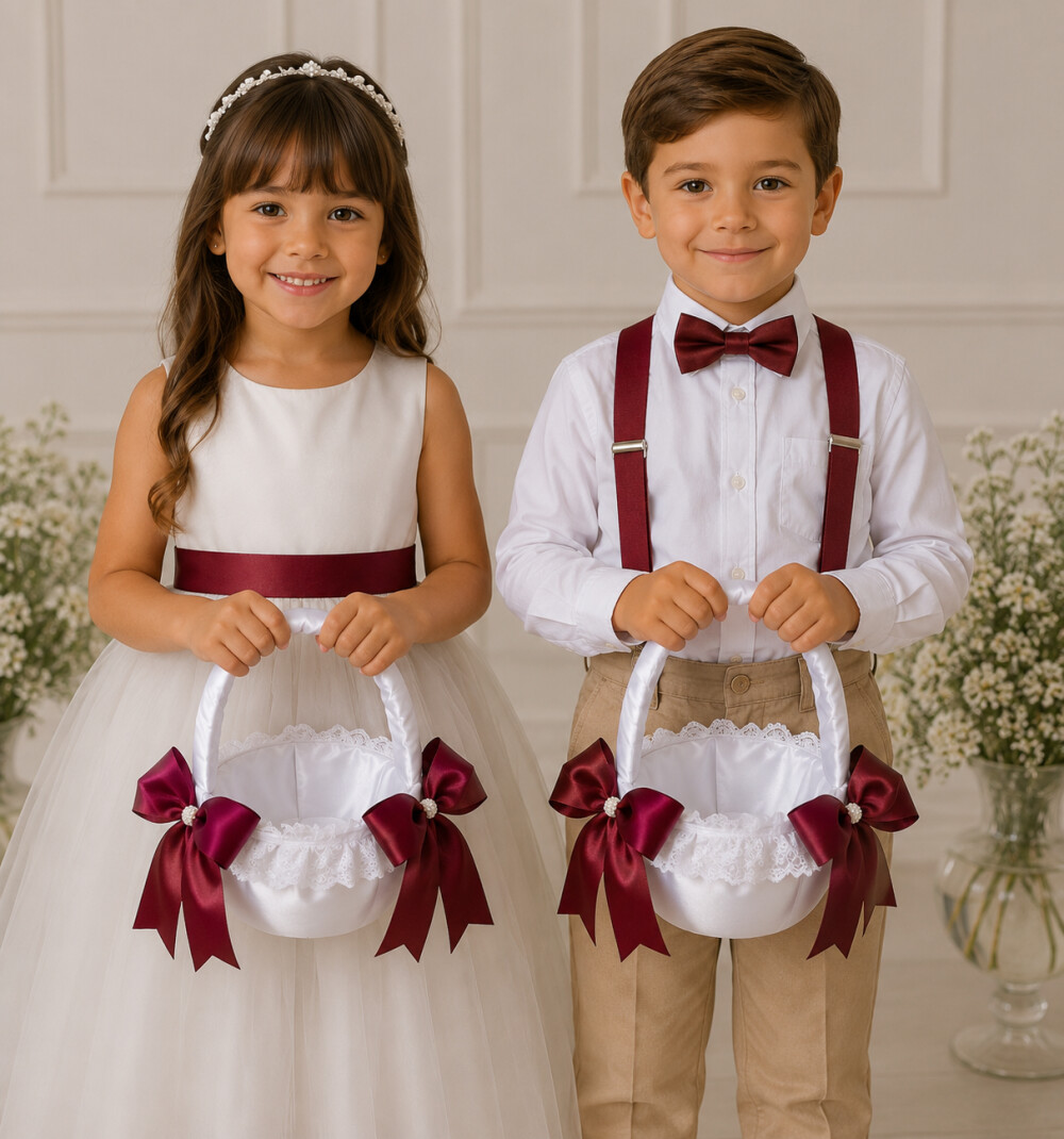 Kit com 2 Cestas para Daminhas de Casamento em Cetim Marsala e Br